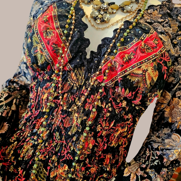 KARMA Hwy Gilded Tiered Ruffle Hem Lg. Dress Red Grn OS NWT - Picture 2 of 15